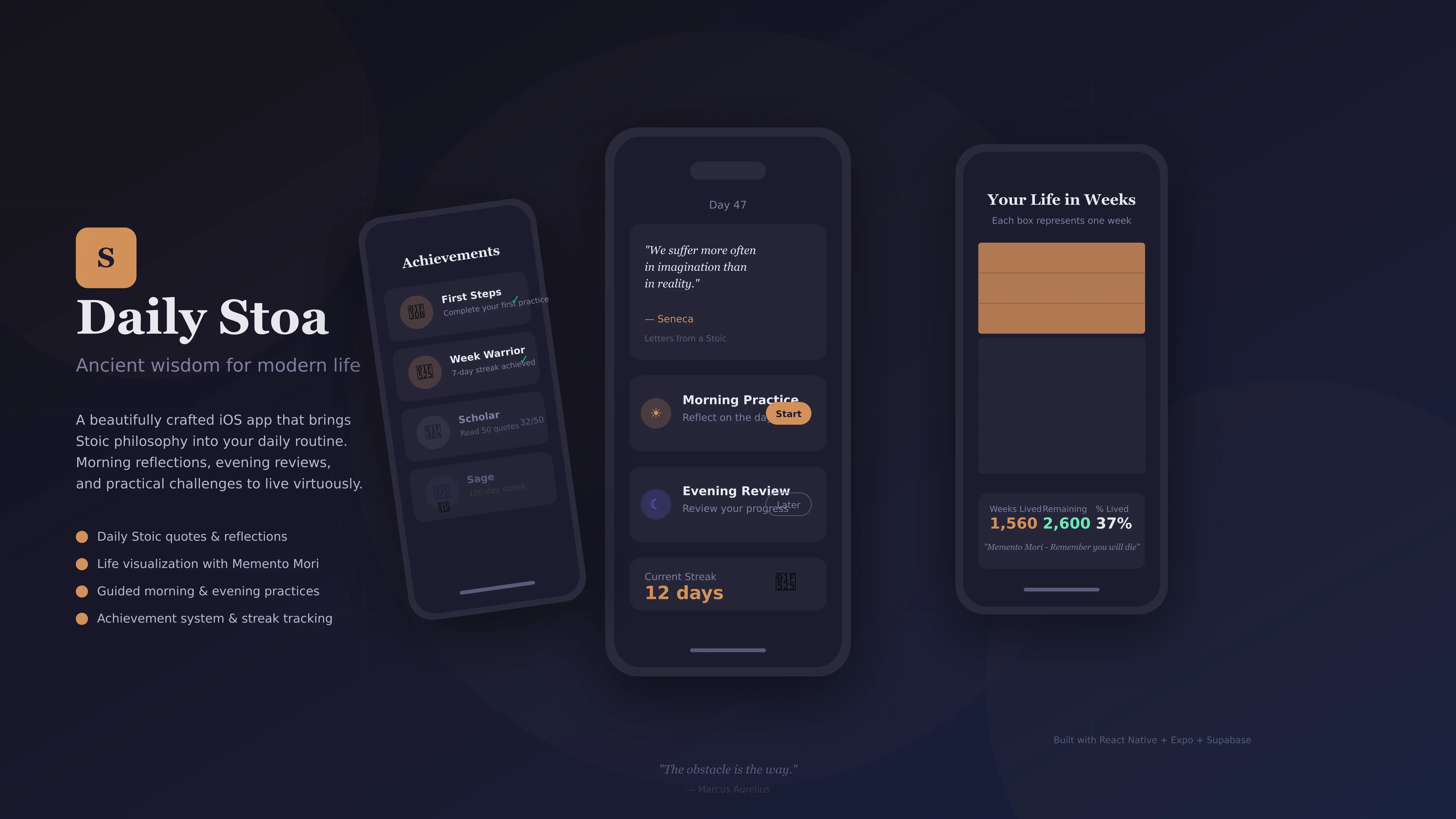 Daily Stoa — A daily-ritual mobile app that turns Stoic philosophy into a habit. Designed, built, and shipped to the App Store.